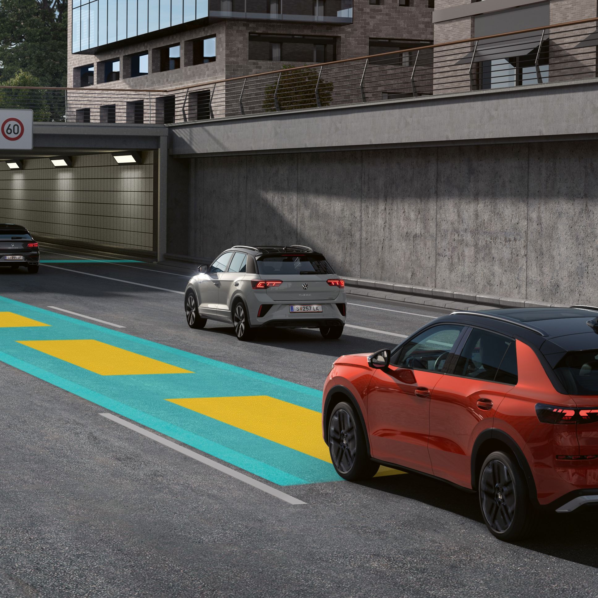 Ilustrácia schematicky znázorňuje fungovanie systému Travel Assist na príklade vozidla VW T-Roc.