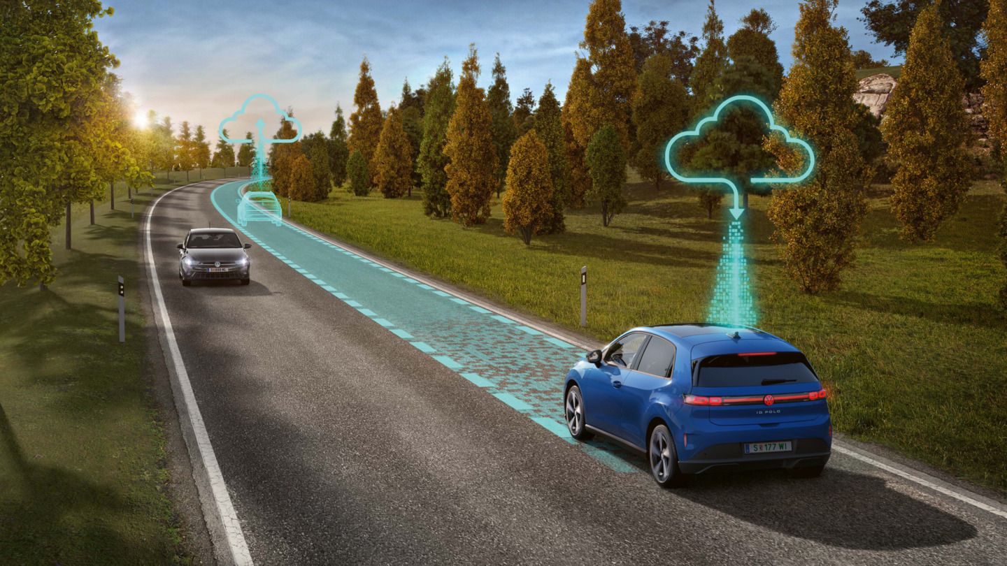 Ilustrácia schematicky znázorňuje fungovanie systému Travel Assist na príklade modrého modelu VW ID. Polo.