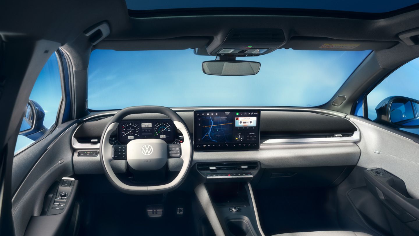 Pohľad na miesto vodiča s volantom a systémom infotainment vo vozidle VW ID. Polo Style.