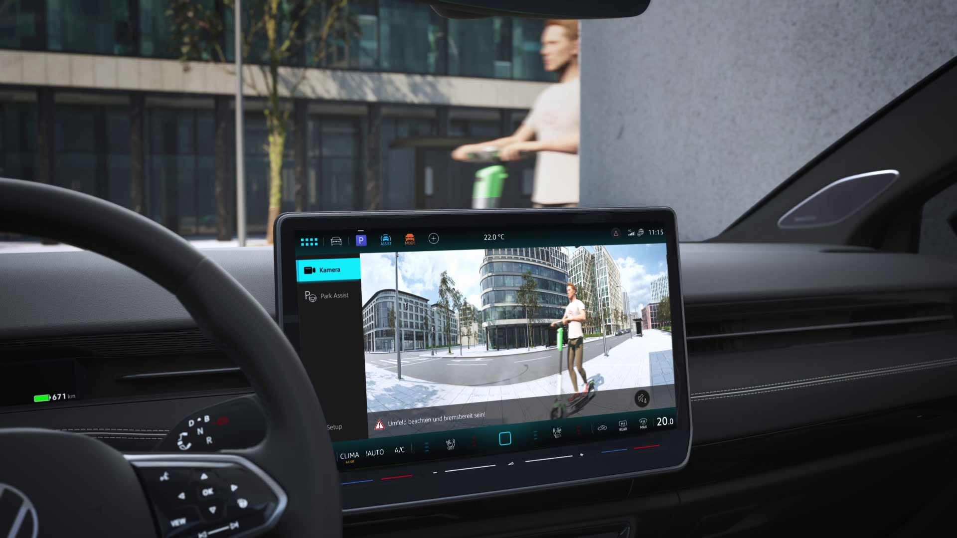 Interiér modelu ID.7 so zameraním na infotainment a vybraný balík asistenčných systémov – funkcie Area view.