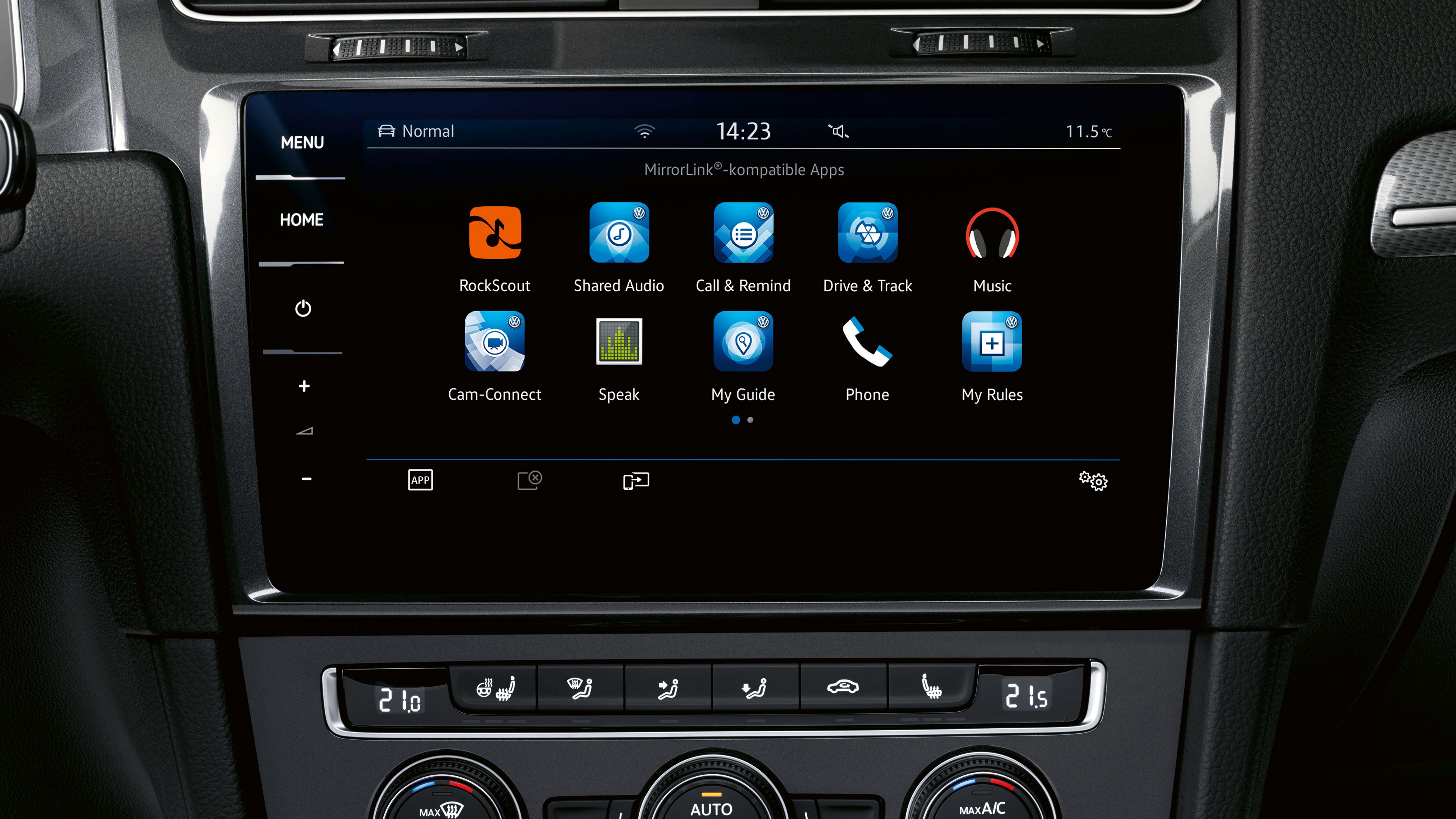Dotyková obrazovka v automobile zobrazujúca menu s rôznymi aplikáciami, ako napríklad RockScout, Shared Audio a My Guide. Nižšie sú umiestnené ovládacie tlačidlá klimatizácie. grafické zobrazenie funkcie app-connect.