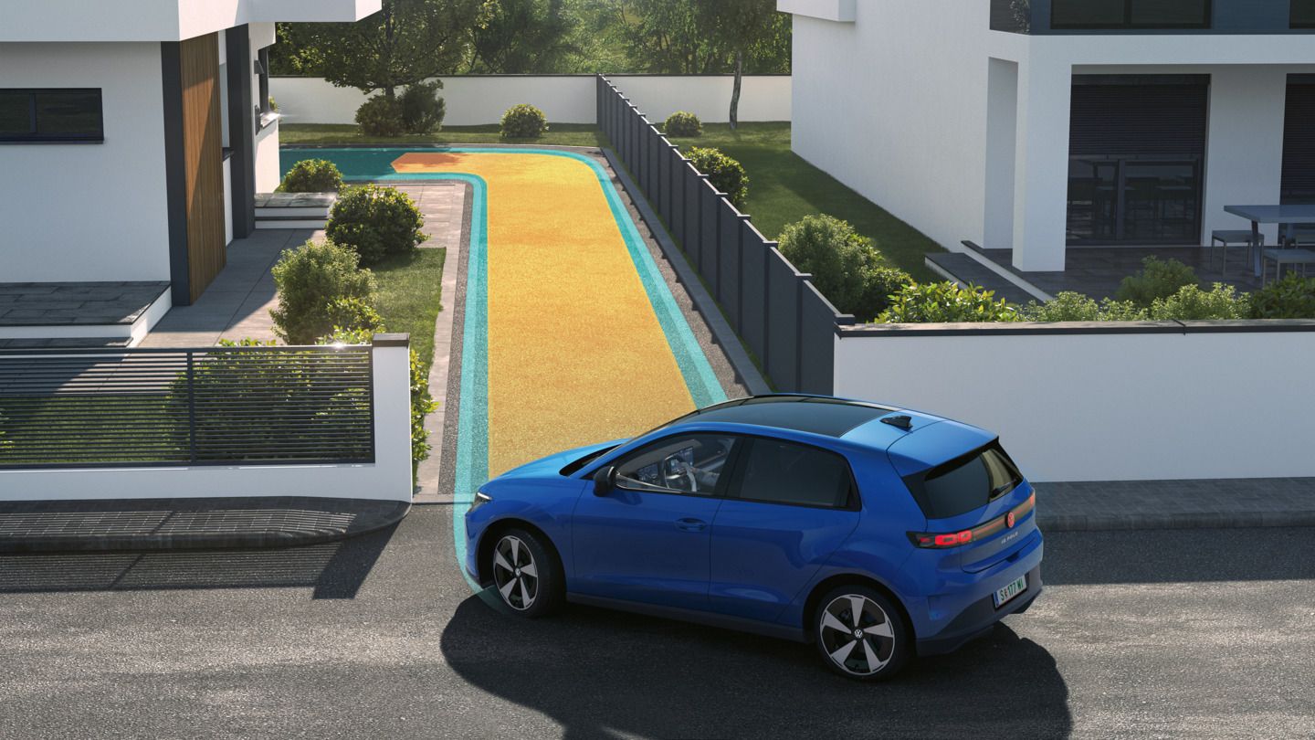 Ilustrácia schematicky znázorňuje na príklade modelu VW ID. Polo, ako funguje pamäťová funkcia parkovacieho asistenta.