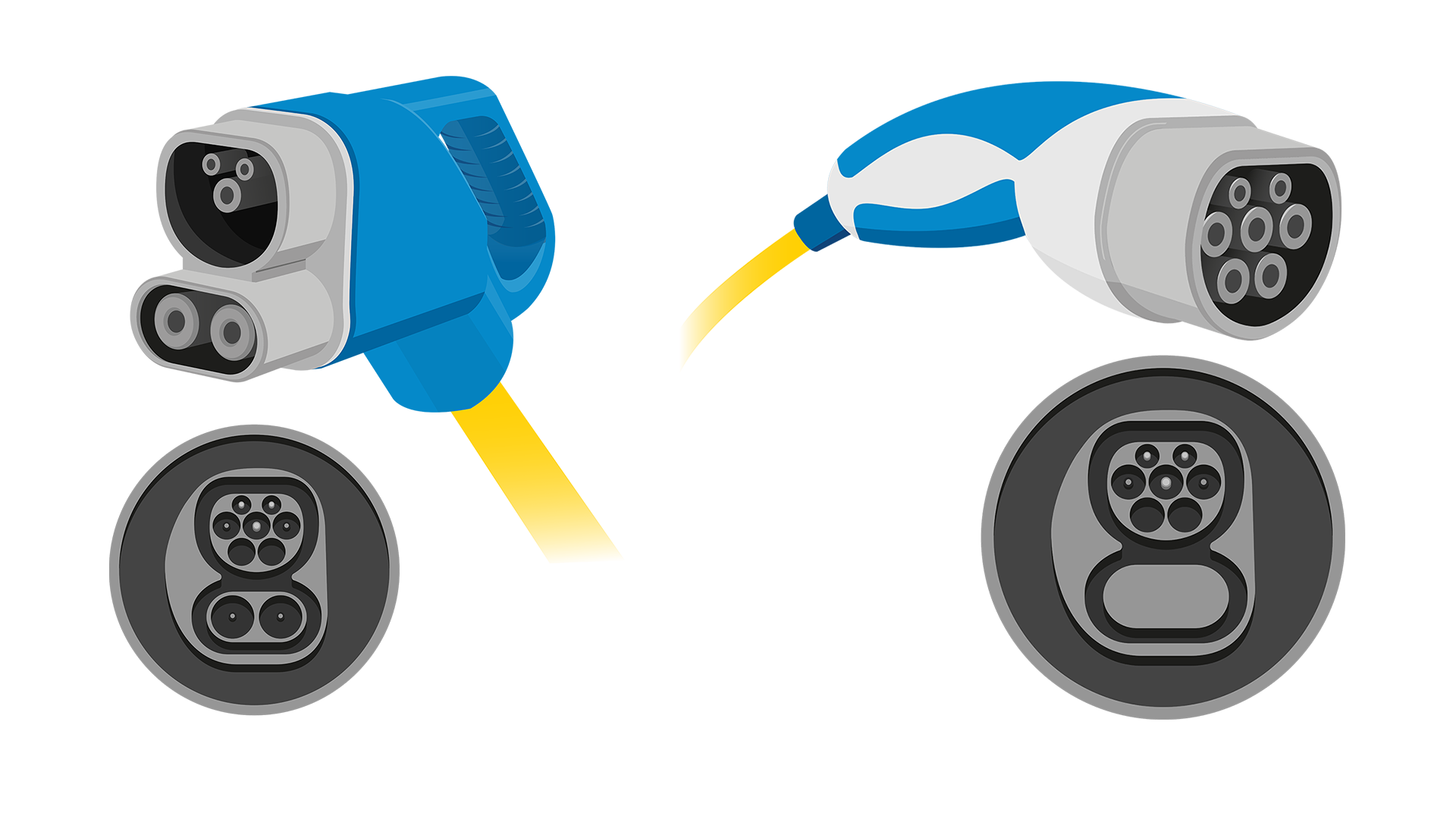 Ilustrácia dvoch typov konektorov na nabíjanie elektrických vozidiel. Naľavo je CCS (Combined Charging System), napravo CHAdeMO. Pod konektormi sú zobrazené detailné pohľady na jednotlivé typy konektorov.