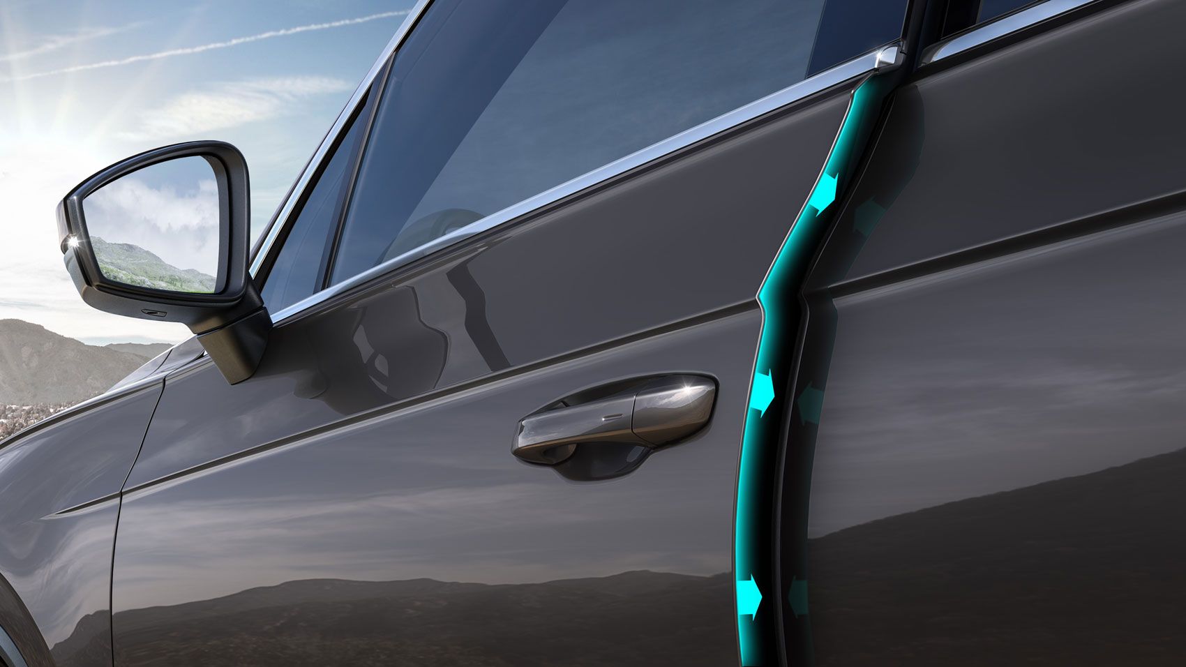 Automobil s jemne otvorenými dverami, na ktorých je znázornené elektrické pritiahnutie dverí. Na pozadí sú hory a mierne zatiahnutá obloha.