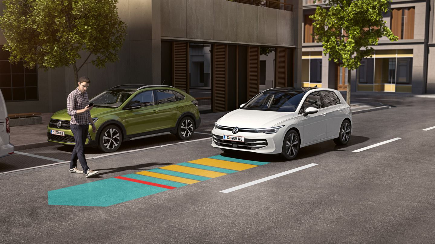 Obrázok schematicky znázorňuje funkčnosť systému varovania pri vystupovaní na príklade vozidla VW Golf.