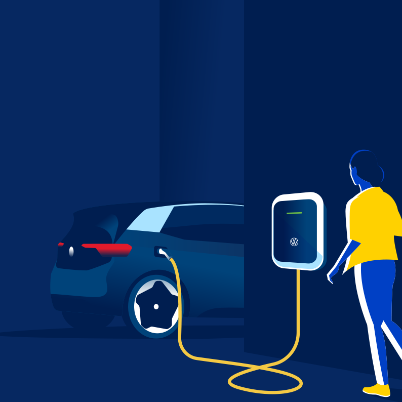Ilustrácia nabíjacej stanice wallbox, na ktorej sa nabíja VW ID. Pri nabíjacej stanici stoji žena. Pozadie je modré.