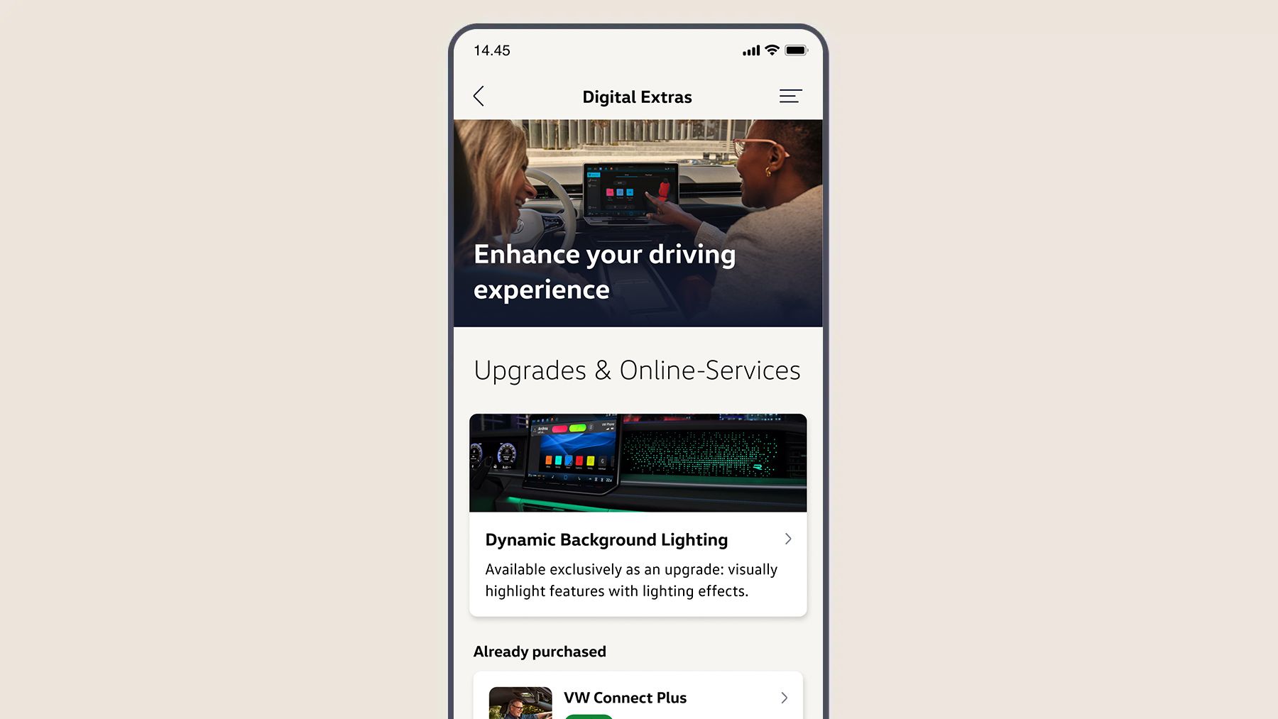Zobrazenie „Digitálne doplnky“ v aplikácii Volkswagen s prehľadom dostupných aktualizácií.