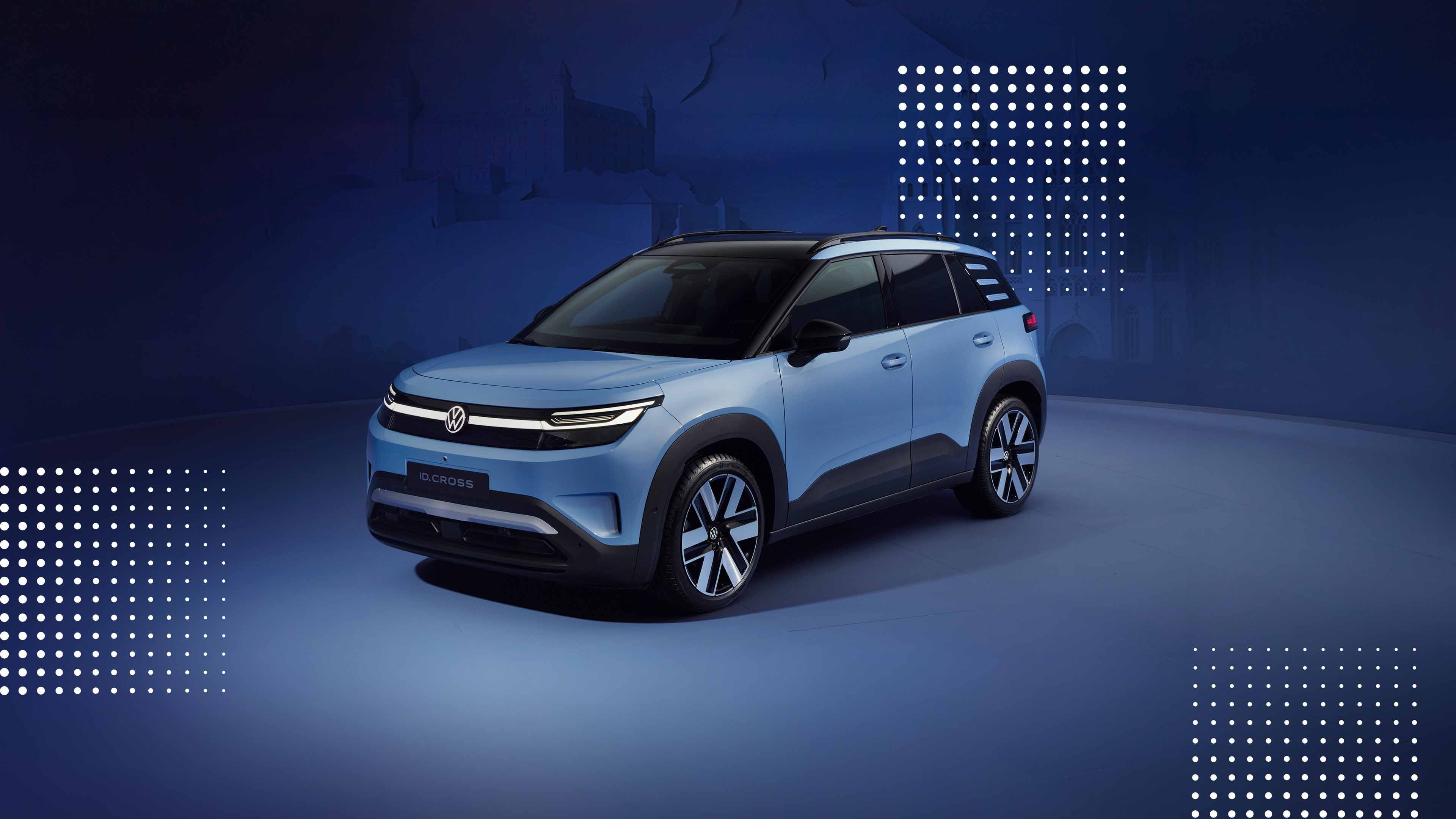 [AI-modified] – Svetlomodré elektrické SUV stojí v tmavomodrom štúdiu s jemným podsvietením.