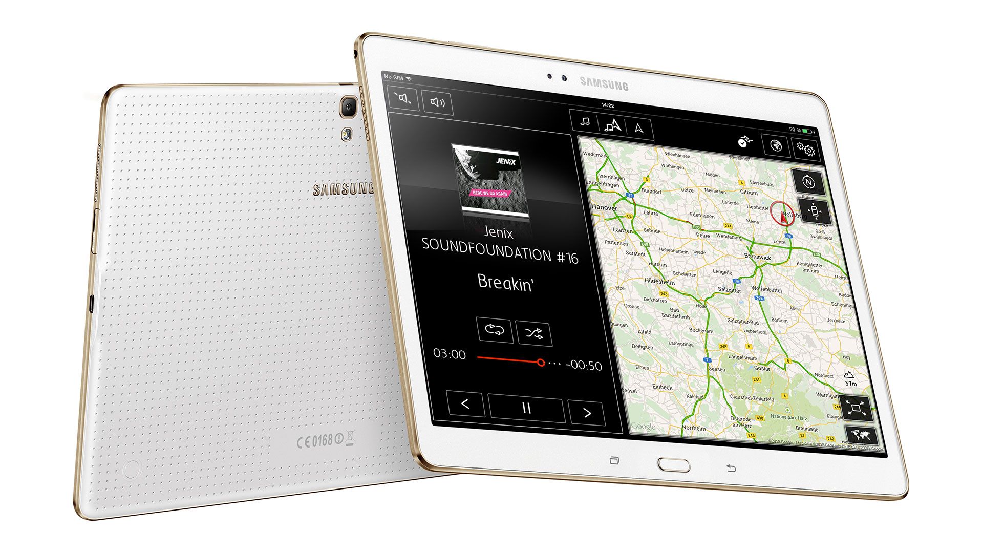 Dva tablety Samsung, jeden zobrazuje mapu s trasou a hudobný prehrávač, druhému vidieť zadnú stranu s logom Samsung. Sú v bielom prevedení.