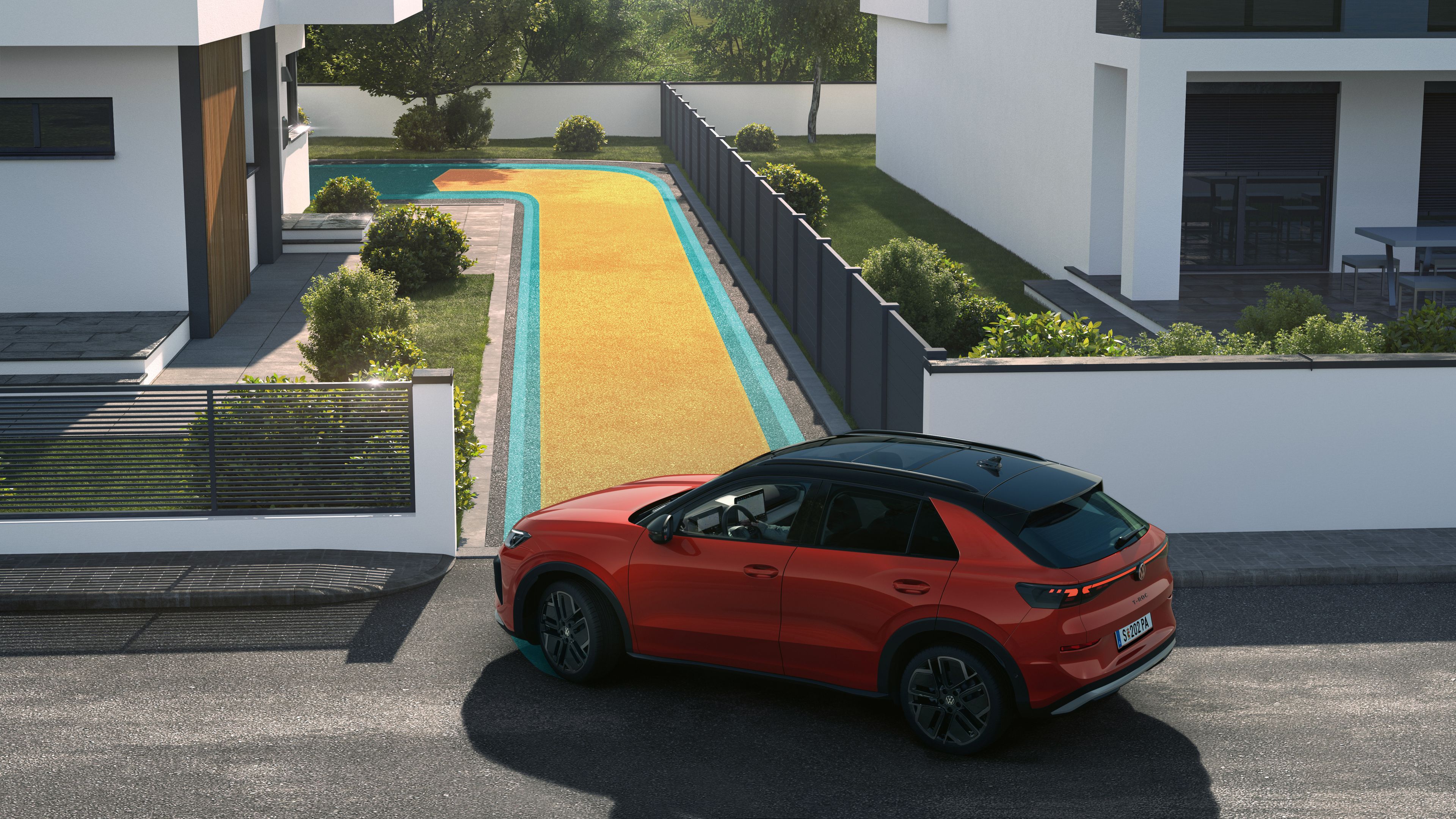 Ilustrácia schematicky znázorňuje na príklade vozidla VW T-Roc fungovanie pamäťovej funkcie pre parkovacieho asistenta.