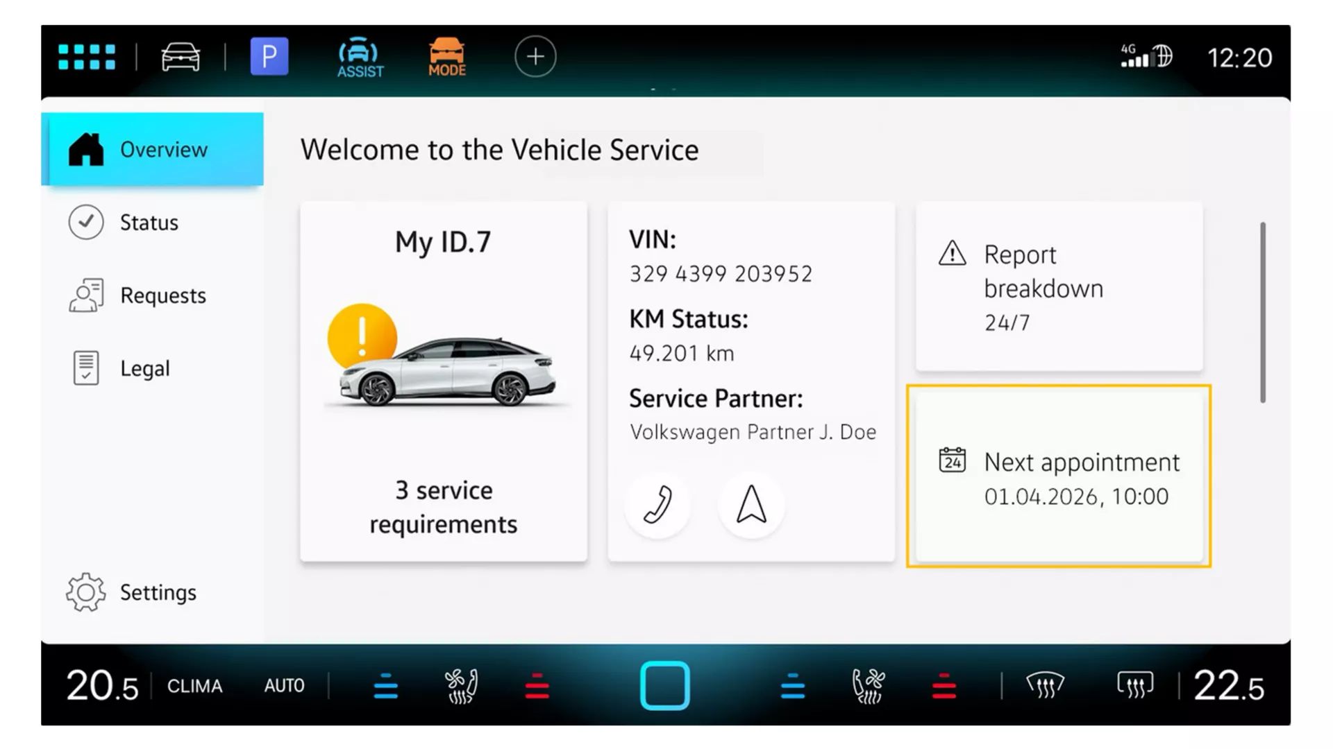 Displej zobrazuje všeobecný prehľad v In-Car App Servis vozidla