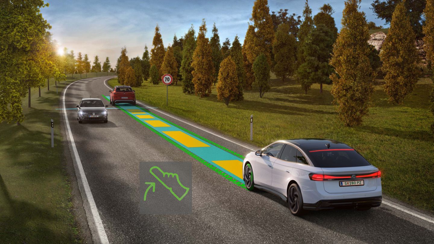 Ilustrácia schematicky znázorňuje fungovanie systému Eco asistencia na príklade modelu VW ID.7.