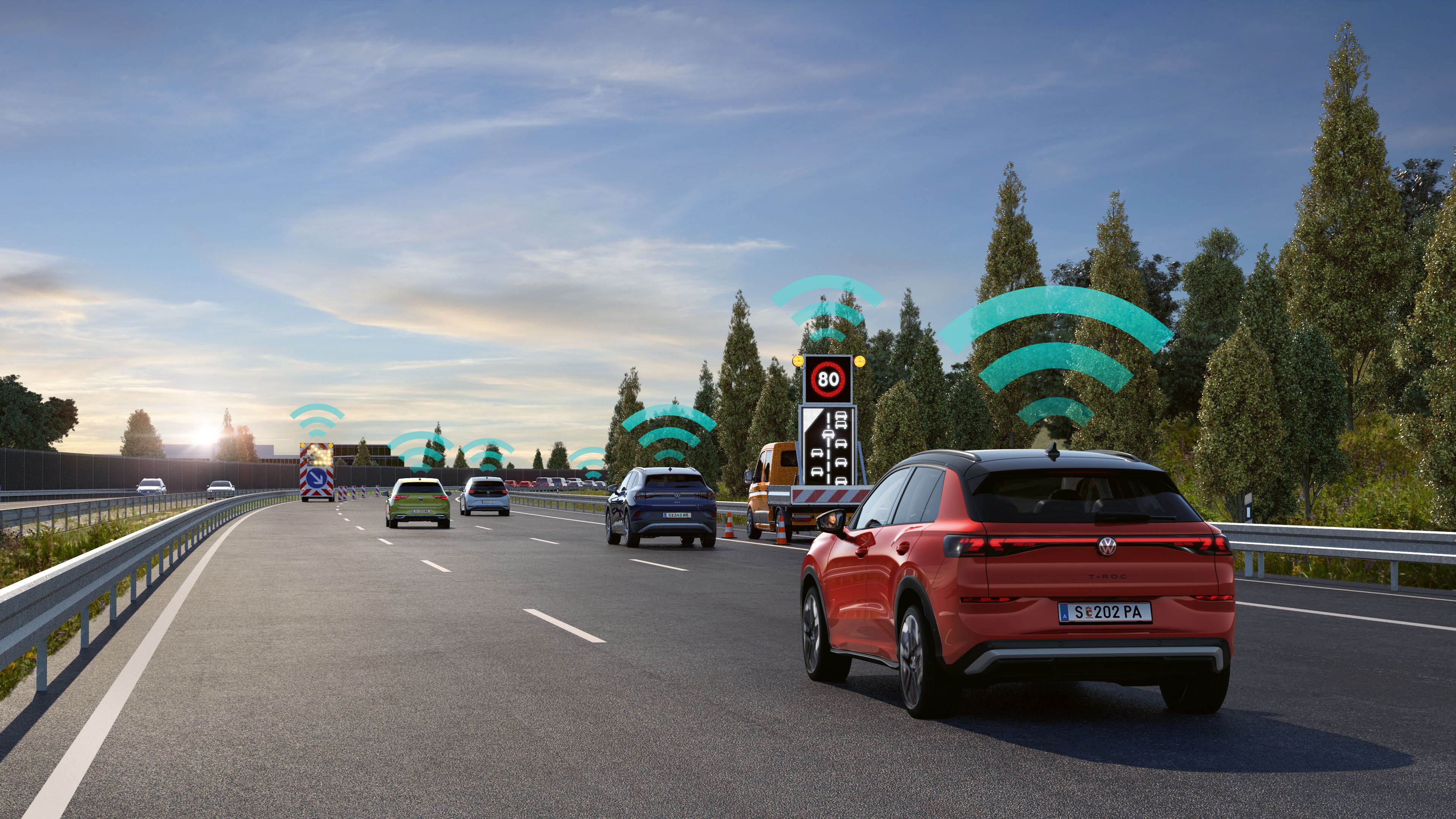 Grafika symbolicky znázorňuje, ako viacero vozidiel jazdí po diaľnici a komunikuje prostredníctvom systému varovania pred nebezpečenstvom Car2X.