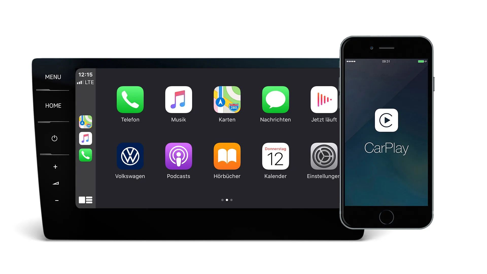 Infotainment systém v aute s obrazovkou zobrazujúcou ikony aplikácií vrátane telefónu, hudby a mapy. Vedľa je smartphone so spustenou aplikáciou CarPlay. Obrazovka má aj menu na ľavej strane.