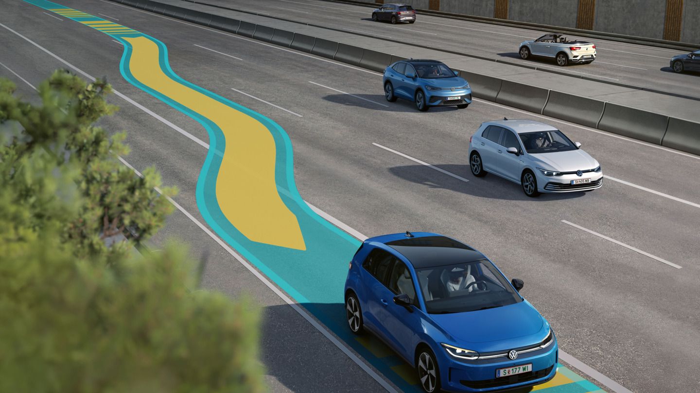Ilustrácia schematicky znázorňuje fungovanie systému Emergency Assist na príklade modrého vozidla VW ID. Polo.