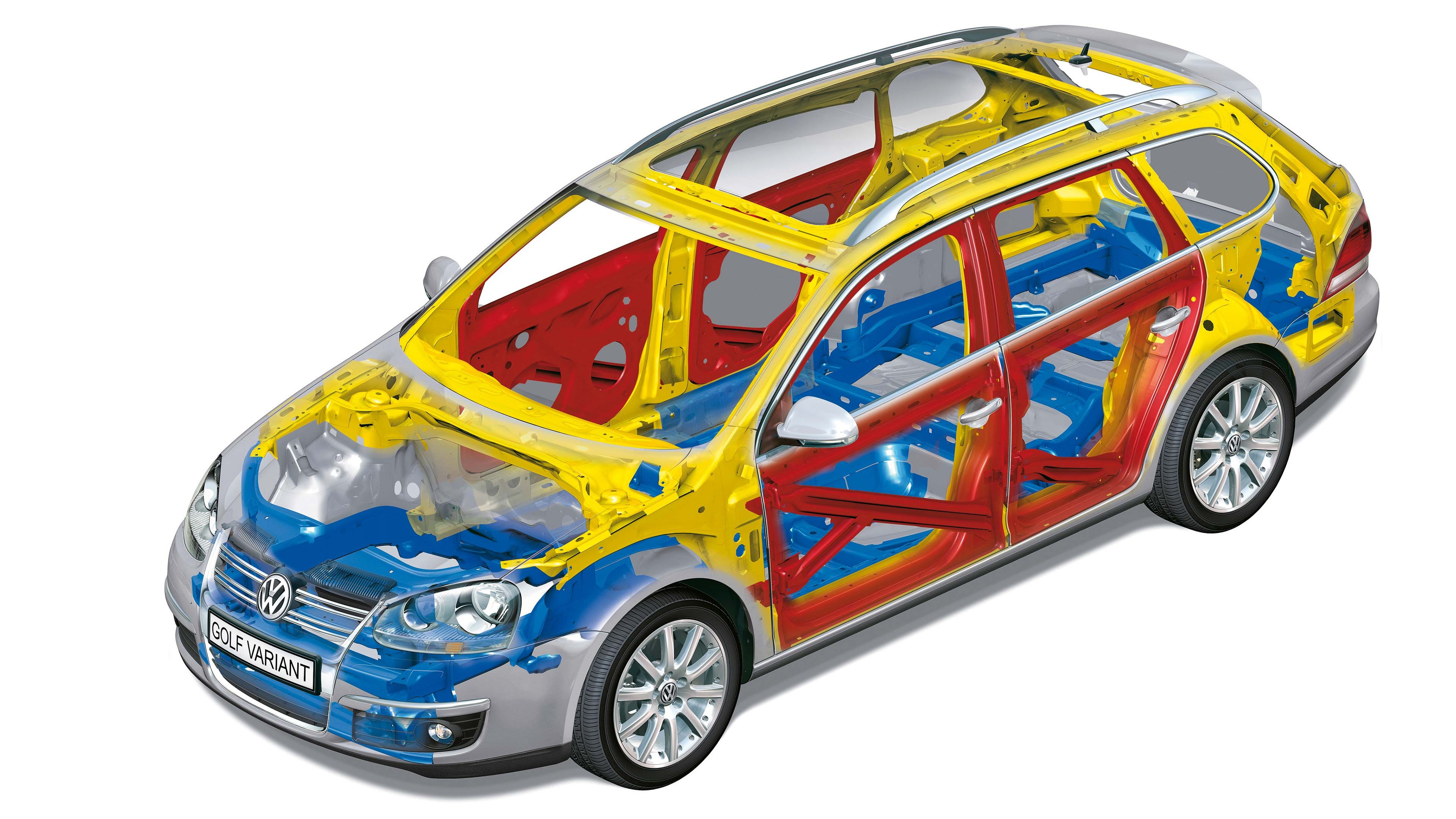 Farebná ilustrácia karosérie vozidla Volkswagen. Rôzne časti karosérie sú farebne označené, zrejme podľa materiálu alebo funkcie. Ukazuje vnútornú štruktúru vozidla bez panelov a okien.