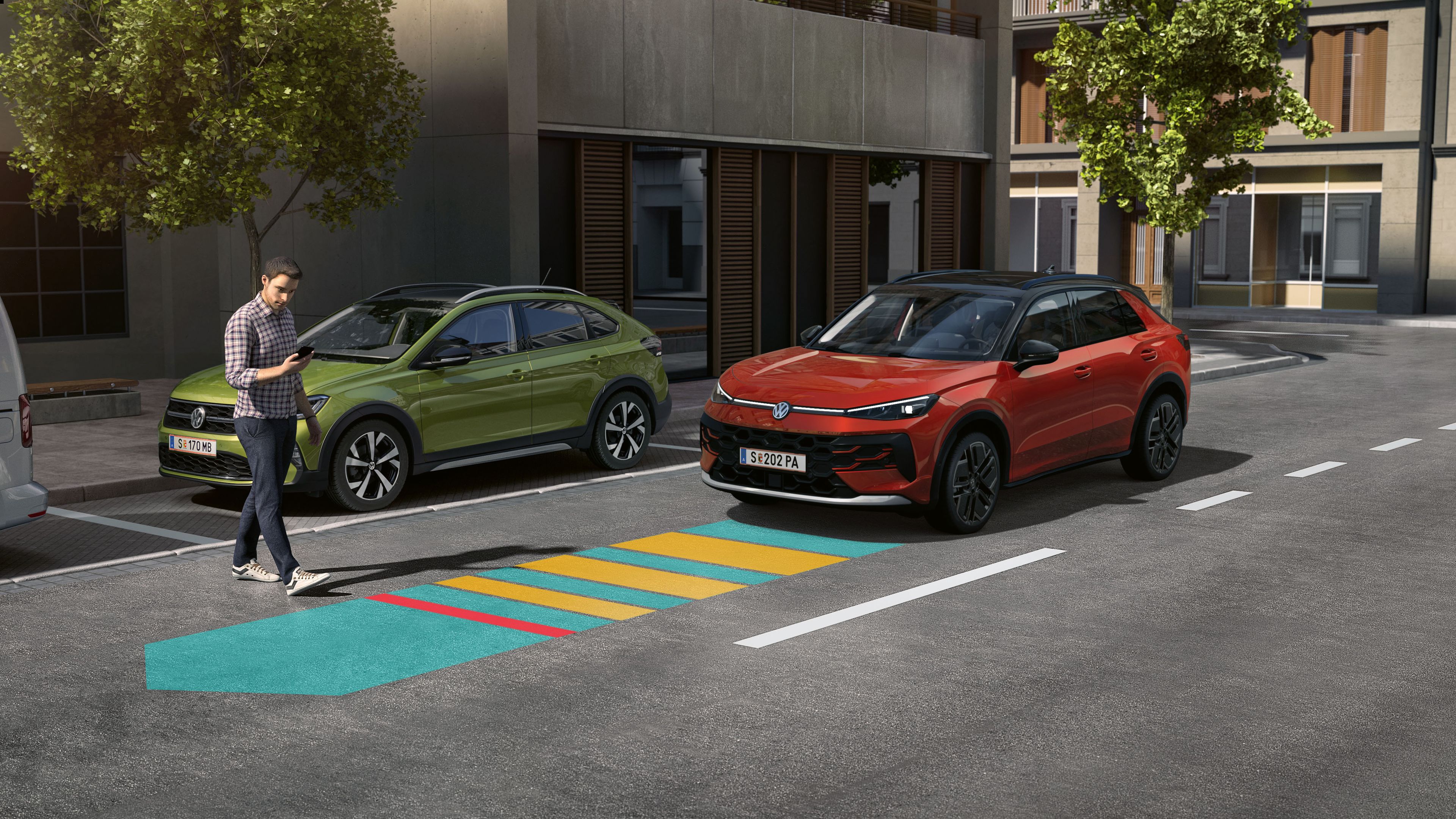 Ilustrácia schematicky znázorňuje fungovanie systému Front Assist na príklade vozidla VW T-Roc.