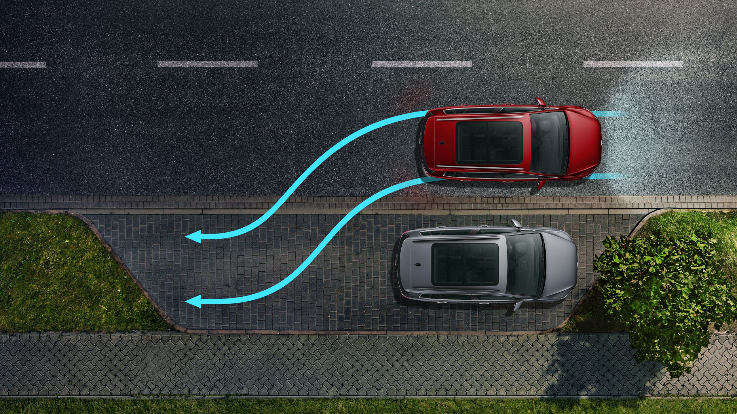 Na obrázku sú dve vozidlá na ceste, pričom červené auto ide zaparkovať pred šedé a parkovací manéver je zobrazený pomocou modrých šípok naznačujúcich smer jazdy. Šedé auto stojí zaparkované na okraji cesty vedľa chodníka.