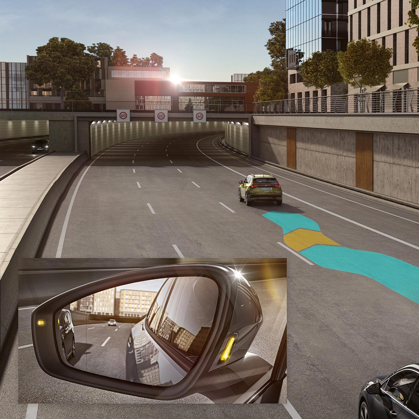 Sivý VW ID.5 využíva počas jazdy vizuálne zobrazený systém Side Assist.