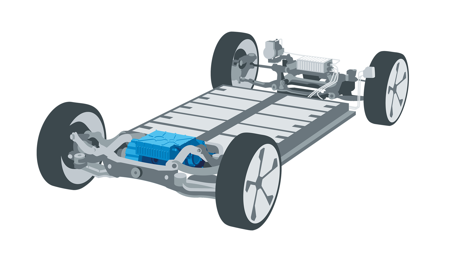 Ilustrácia podvozku elektrického vozidla, ktorý zahŕňa batériu, motory a ďalšie komponenty. Podvozok je základnou konštrukciou automobilu bez karosérie. Na obrázku sú znázornené aj kolesá.