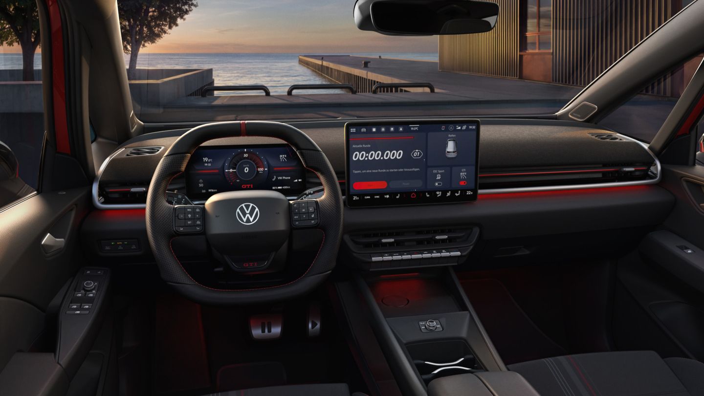[AI-modified] – Pohľad na miesto vodiča vo VW ID.3 GTI krátko pred západom slnka.