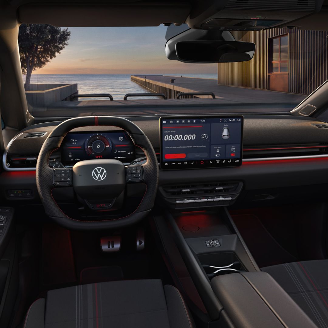 [AI-modified] – Pohľad na miesto vodiča vo VW ID.3 GTI krátko pred západom slnka.