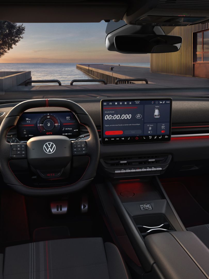 [AI-modified] – Pohľad na miesto vodiča vo VW ID.3 GTI krátko pred západom slnka.