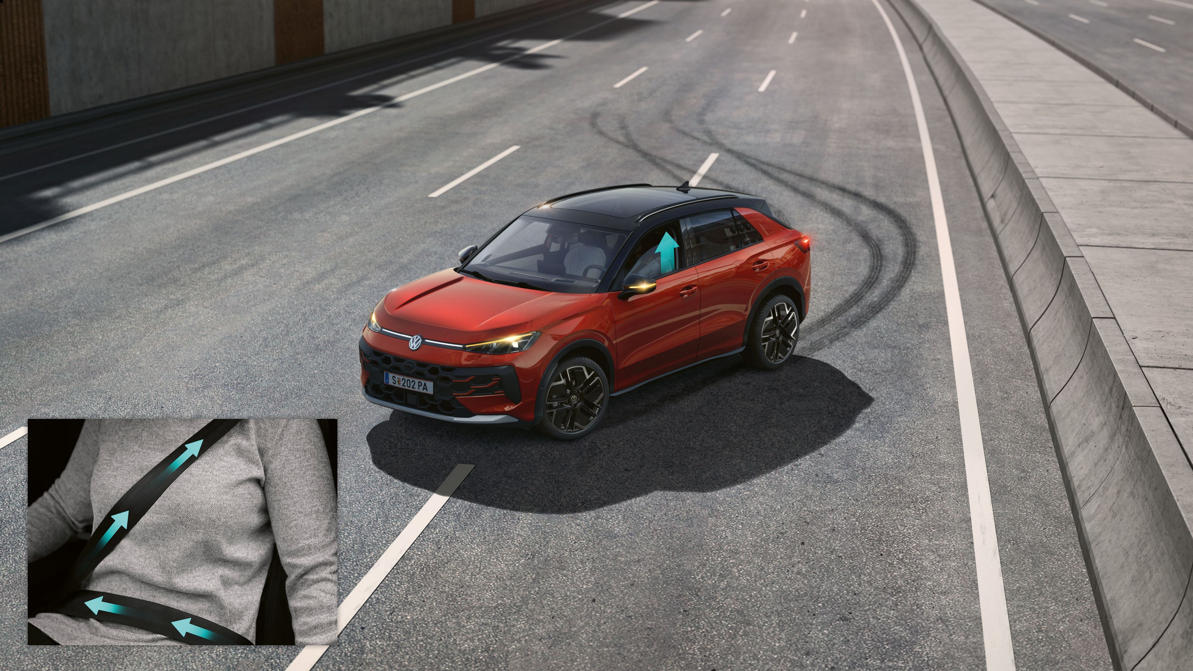 Ilustrácia schematicky znázorňuje fungovanie proaktívneho systému ochrany cestujúcich na príklade vozidla VW T-Roc.