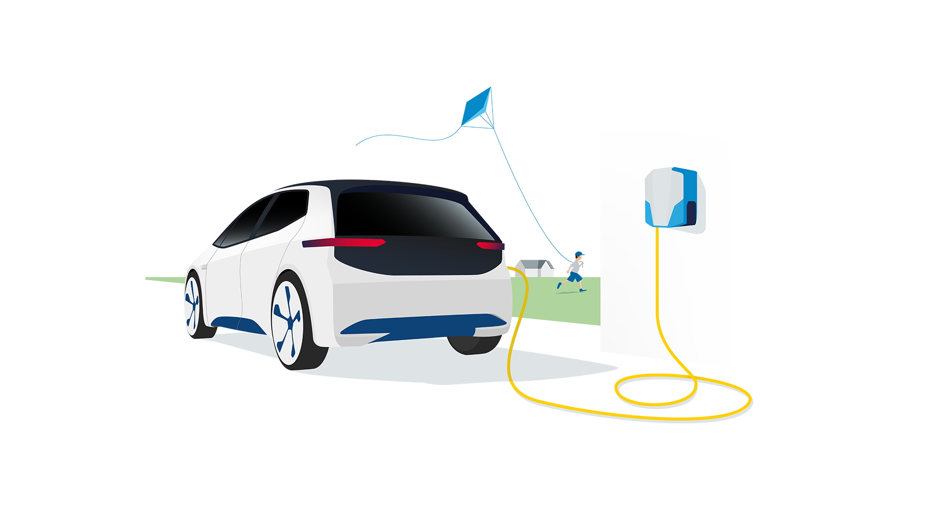 Ilustrácia elektrického auta pripojeného na nabíjaciu stanicu. Auto je bielej farby s modrými detailmi a nabíjacia stanica má tiež modré prvky. V pozadí je zobrazený chlapec so šarkanom, ktorý si ho púšťa a behá po lúke.