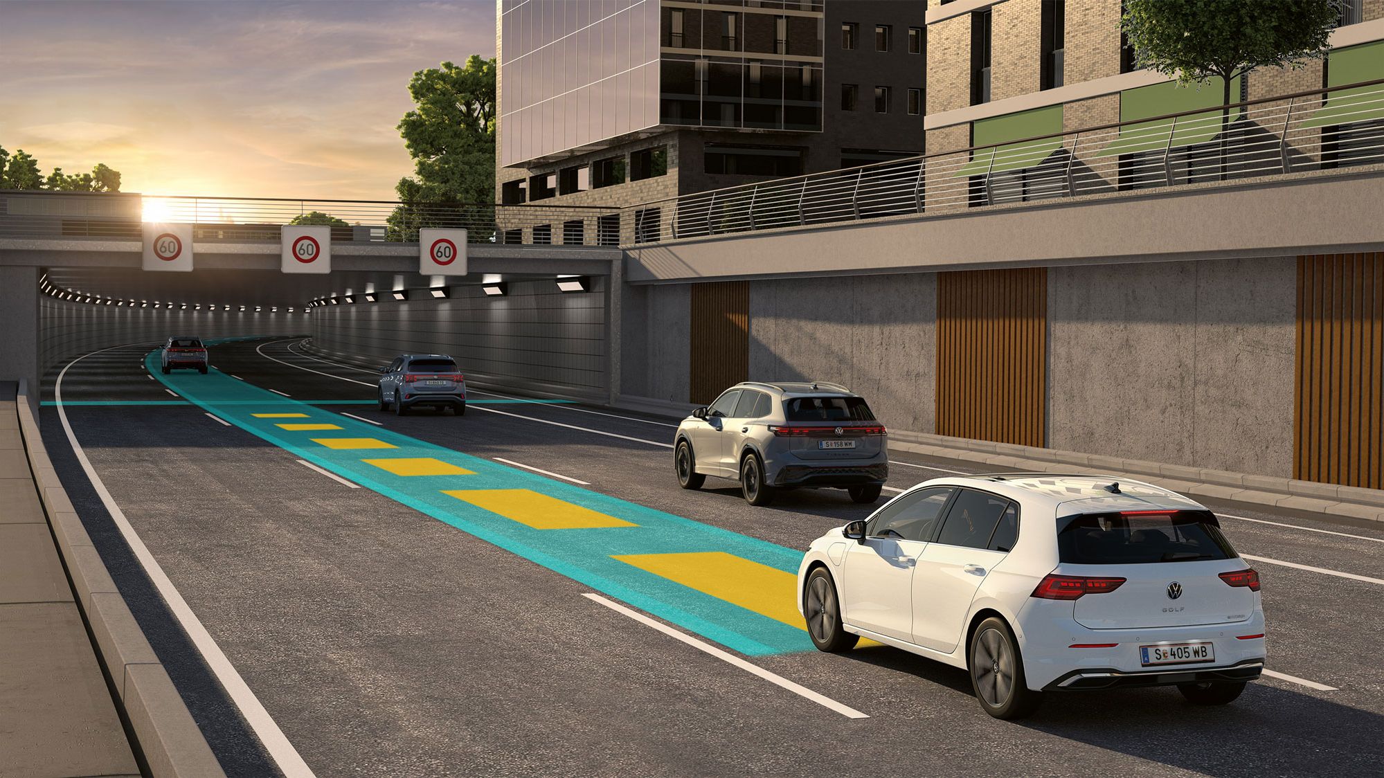 Obrázok schematicky znázorňuje funkčnosť systému Travel Assist na príklade vozidla VW Golf.