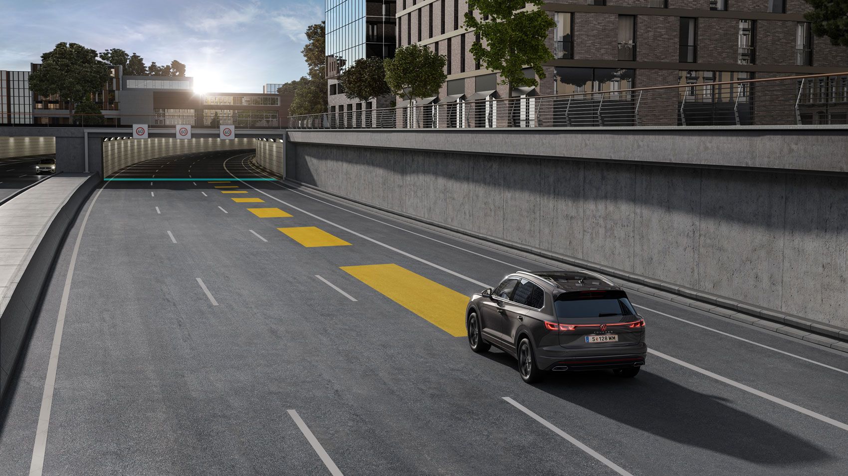 VW Volkswagen Touareg v grafickom zobrazení, ktoré vysvetľuje fungovanie ACC a Front Assist.