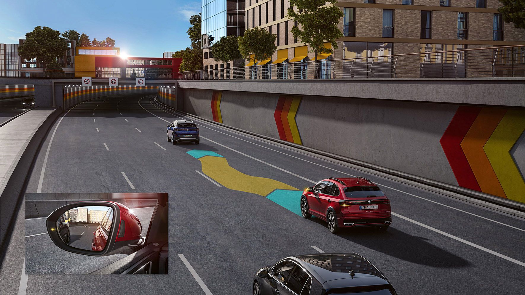 Grafika zobrazuje asistenta zmeny jazdného pruhu VW Taigo modro-žltým pruhom na ceste. Vozidlo jazdí po diaľnici smerom do tunela. Pred ním ide jedno vozidlo, vedľa neho ďalšie. V pozadí vidieť mestské moderné budovy.