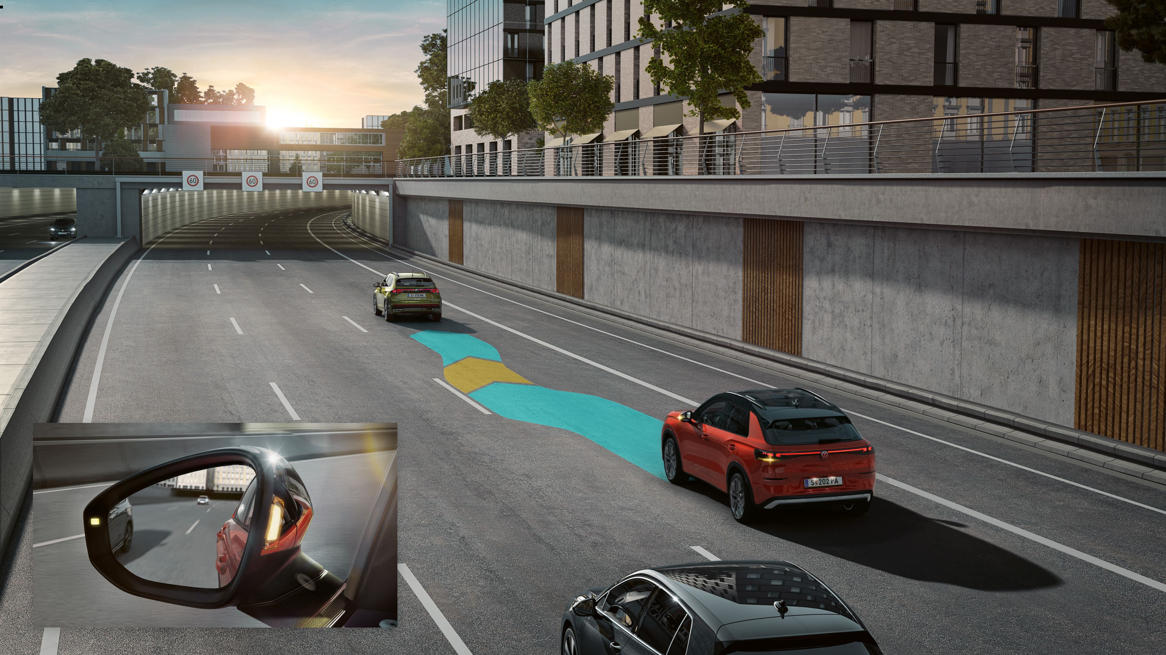 Ilustrácia schematicky znázorňuje fungovanie systému Side Assist na príklade vozidla VW T-Roc.