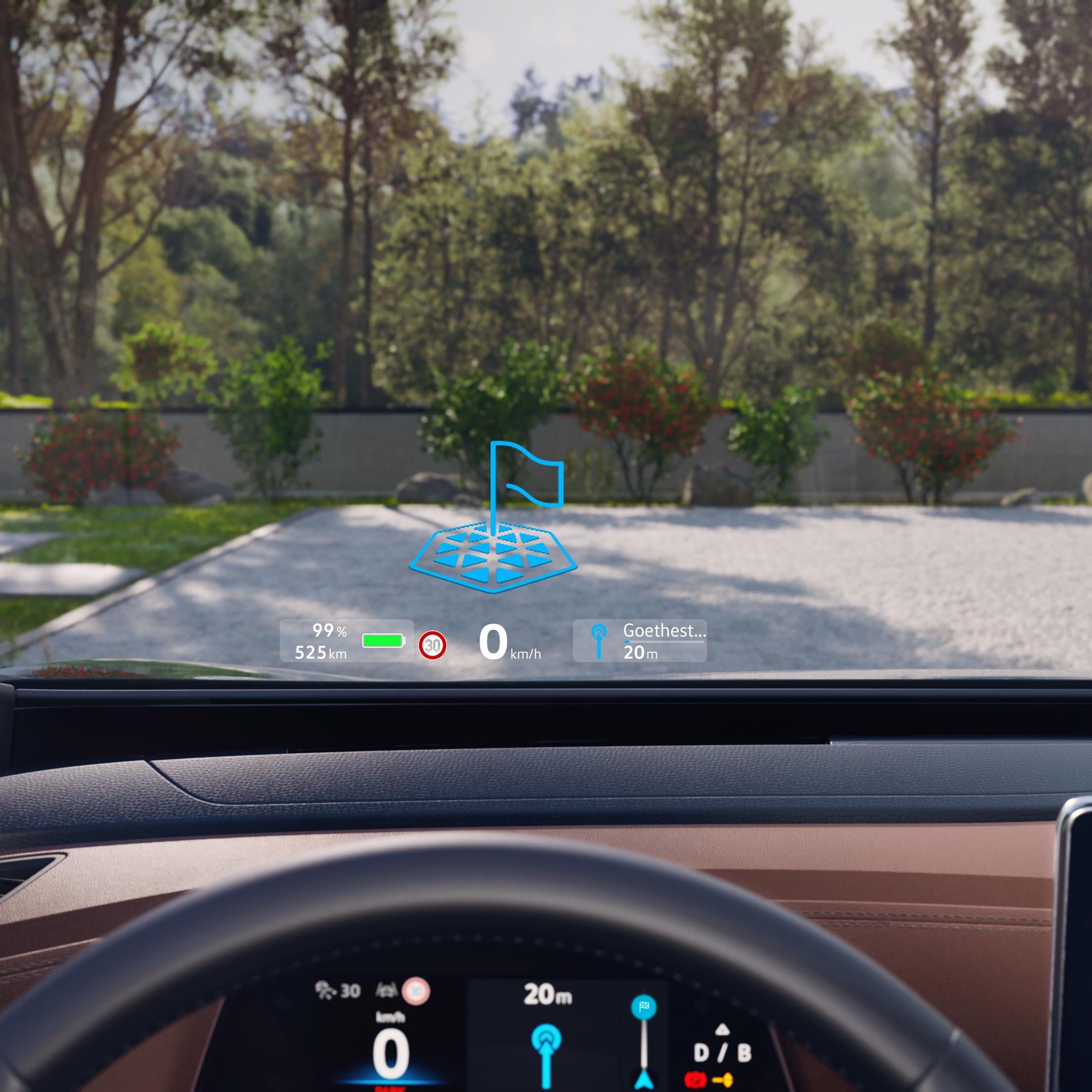 Detailný pohľad na head-up displej s rozšírenou realitou na čelnom skle vozidla VW ID.4 zaparkovaného na príjazdovej ceste. Digitálny prístrojový panel je vidieť cez volant v spodnej časti obrázka.
