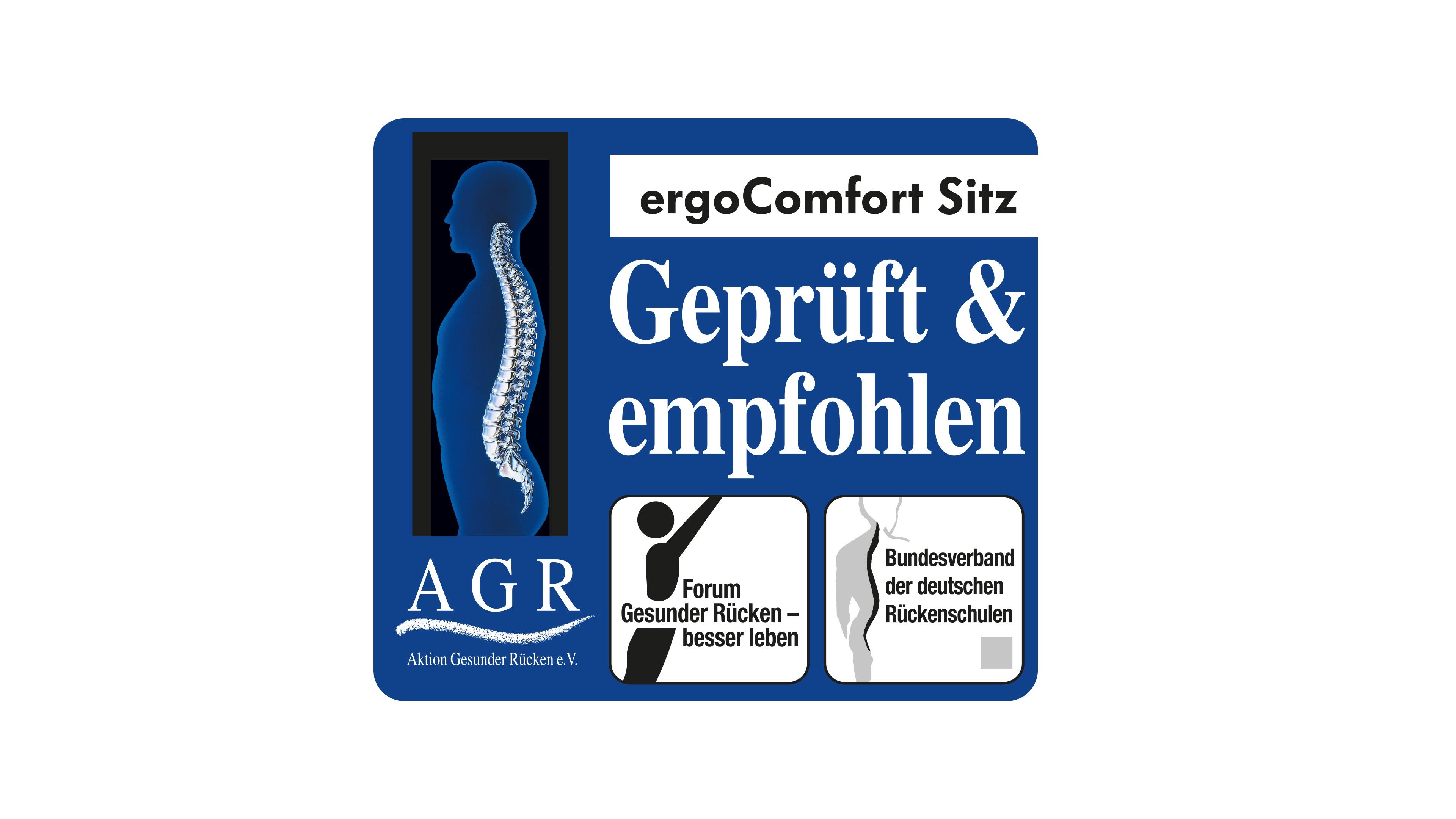 Modrá nálepka produktu ergoComfort Sitz s celosvetovo platnou pečaťou kvality AGR. Obsahuje obrázok chrbtice a nápisy "Geprüft & empfohlen". Text v dolnej časti je logom Bundesverband der deutschen Rückenschulen.