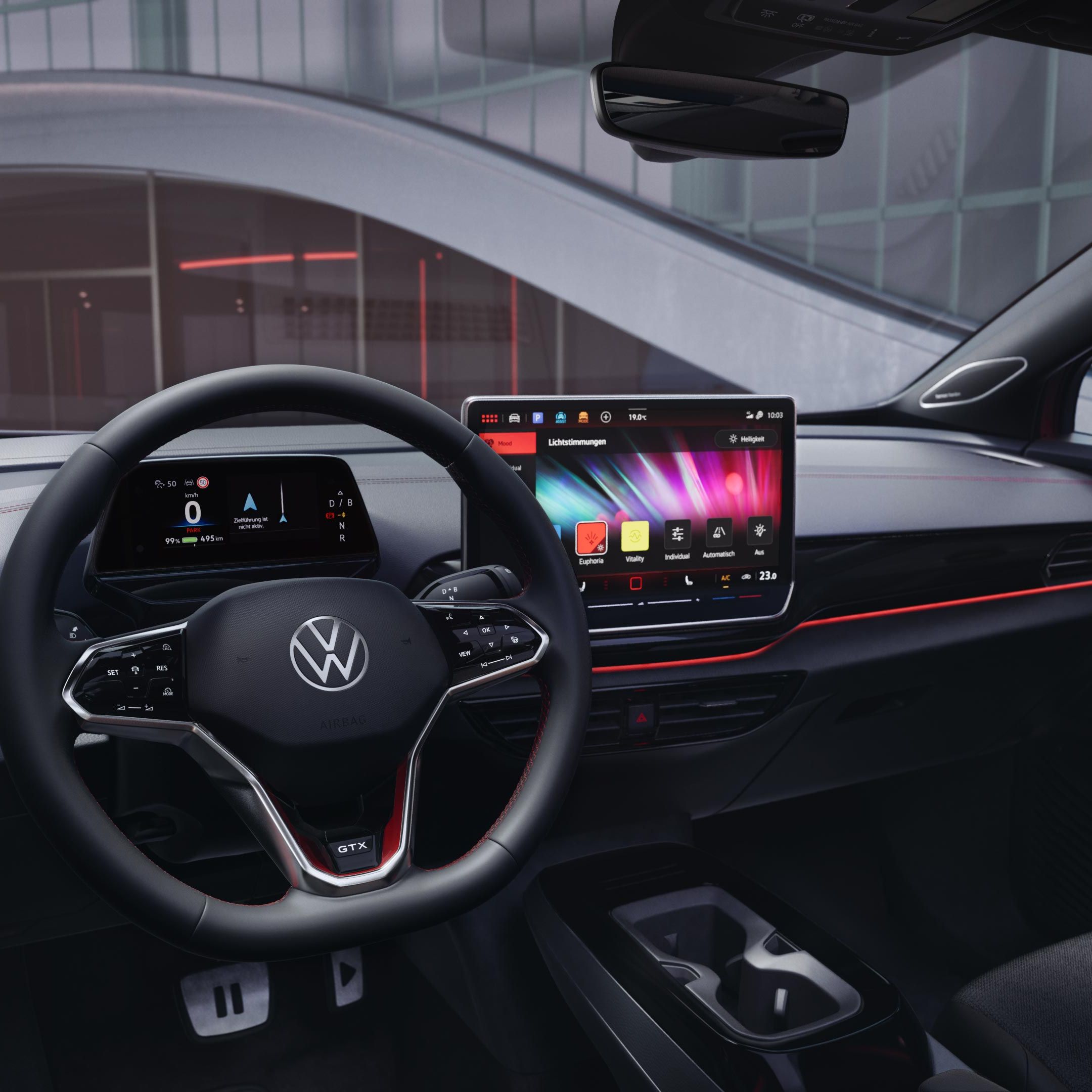 Innenansicht des VW ID.4 GTX, ambientné osvetlenie v interiéri svieti červeným svetlom.