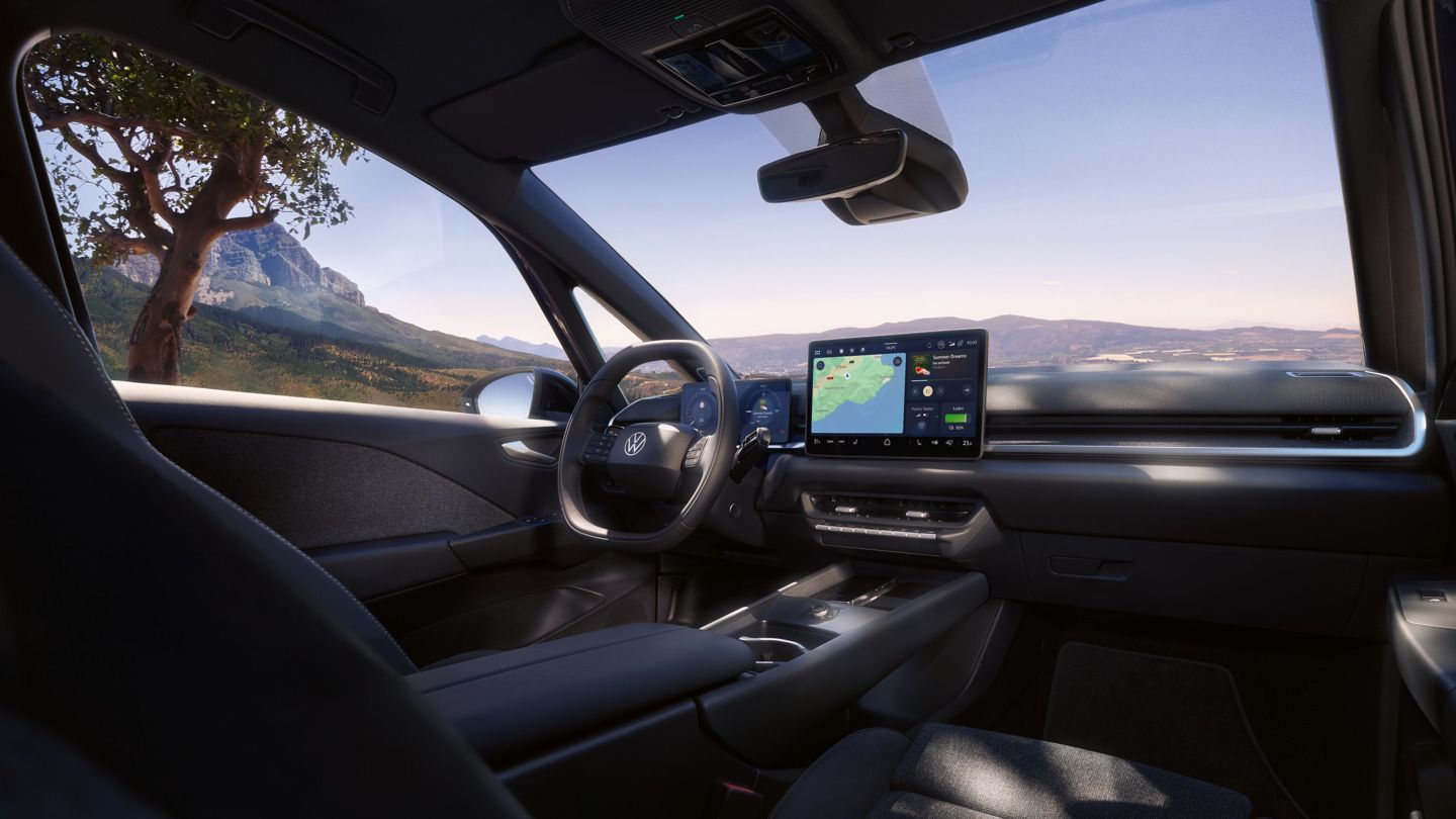 Vodičovo sedadlo a kokpit vozidla VW ID.3 Neo, pohľad zo sedadla spolujazdca