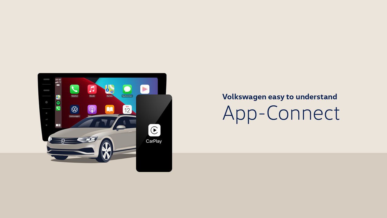 Grafika zobrazuje Volkswagen, displej s rozhraním Apple CarPlay a text "Volkswagen easy to understand App-Connect". Predná časť auta je viditeľná spolu s mobilným telefónom s logom CarPlay. Pozadie je svetlé.