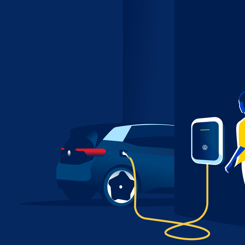 Ilustrácia nabíjacej stanice wallbox, na ktorej sa nabíja VW ID. Pri nabíjacej stanici stoji žena. Pozadie je modré.