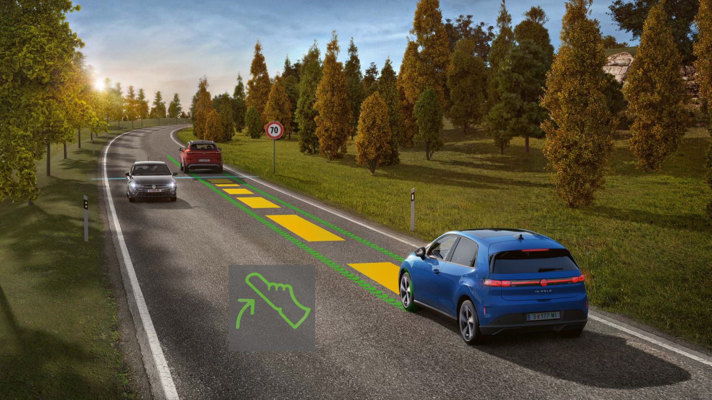 Ilustrácia schematicky znázorňuje fungovanie systému Eco Assist na príklade modrého modelu VW ID. Polo