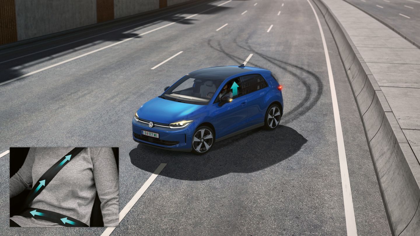 Ilustrácia schematicky znázorňuje fungovanie systému proaktívnej ochrany cestujúcich na príklade modelu VW ID.Polo.