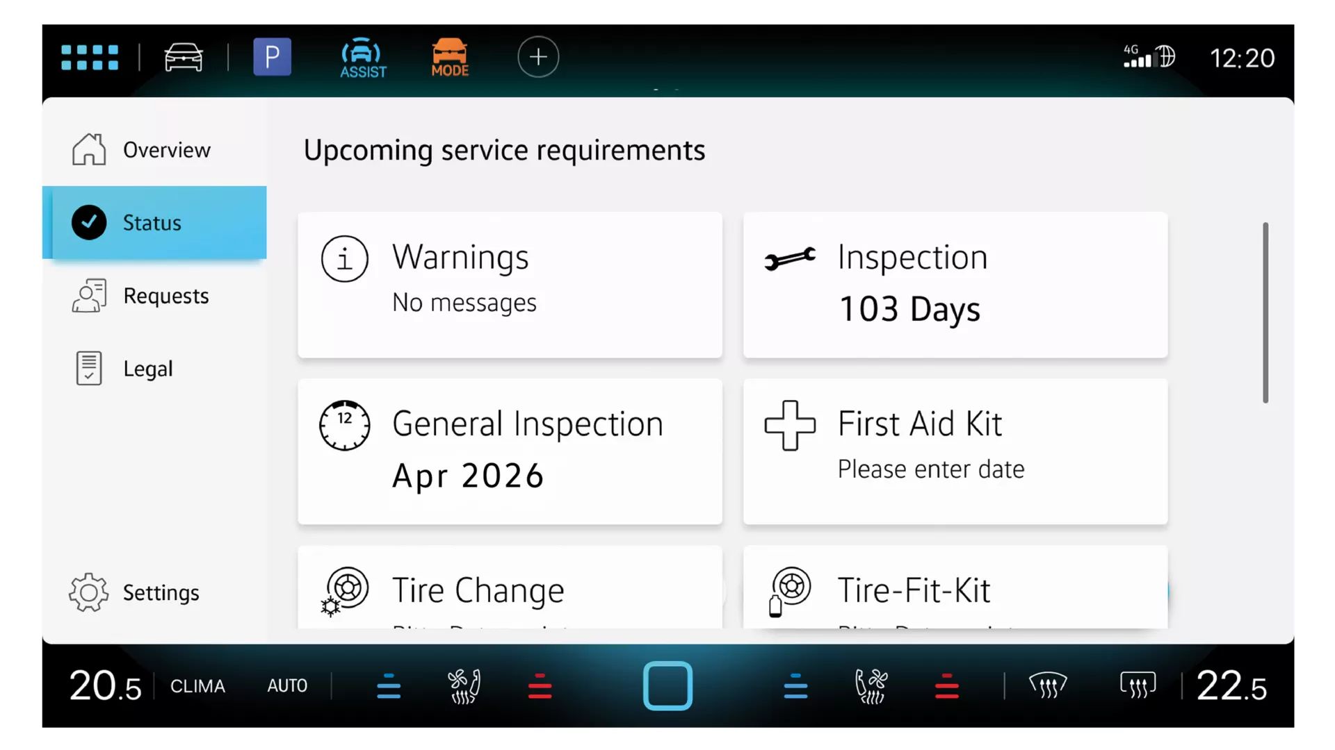 Displej systému Infotainment s prehľadom servisných prehliadok v In-Car App Servis vozidla