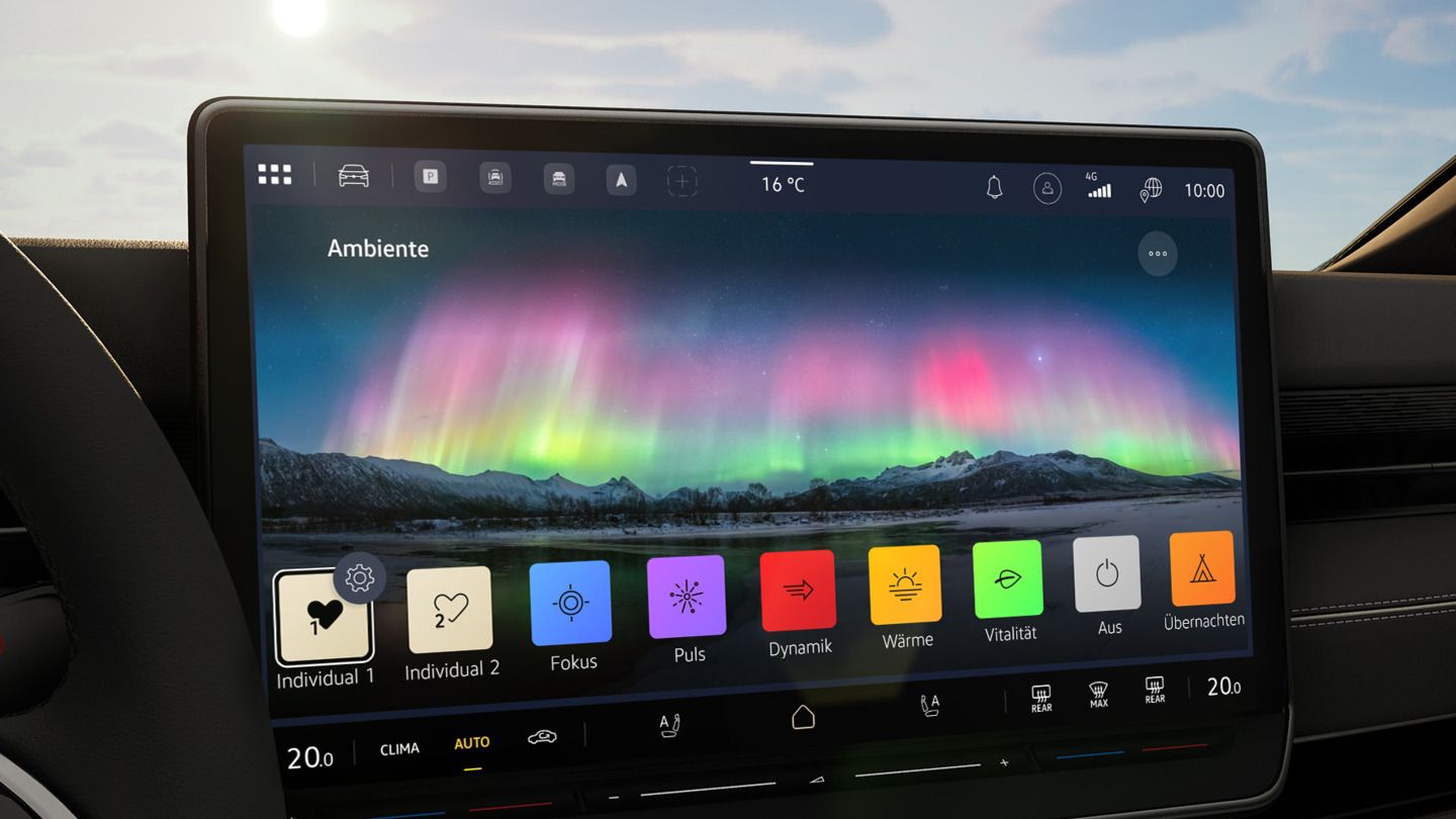 Na obrázku je zobrazený systém infotainment modelu ID. a nastavenia profilu osvetlenia interiéru.