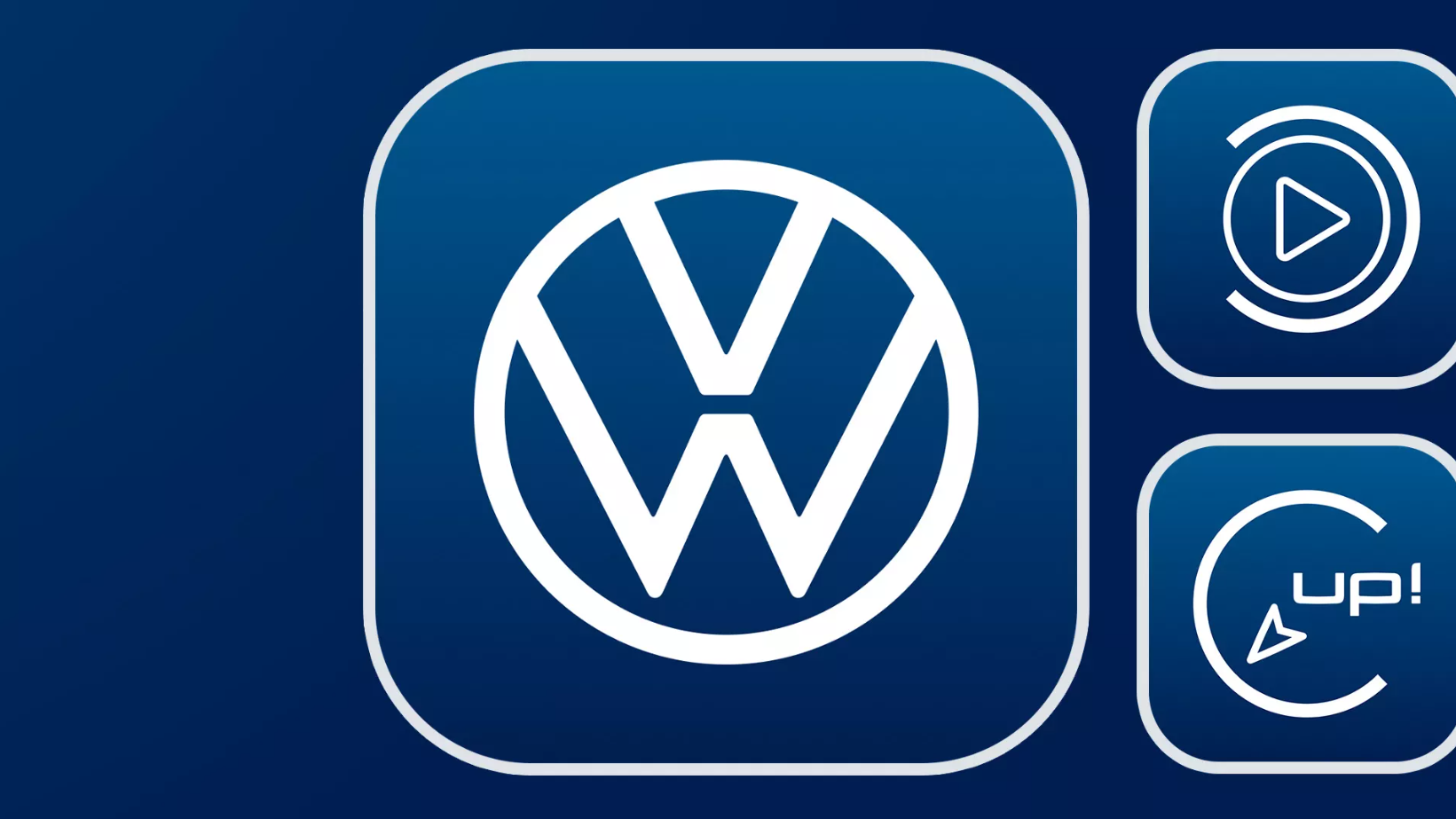 Tri ikony aplikáciie Volkswagen App na modrom pozadí.