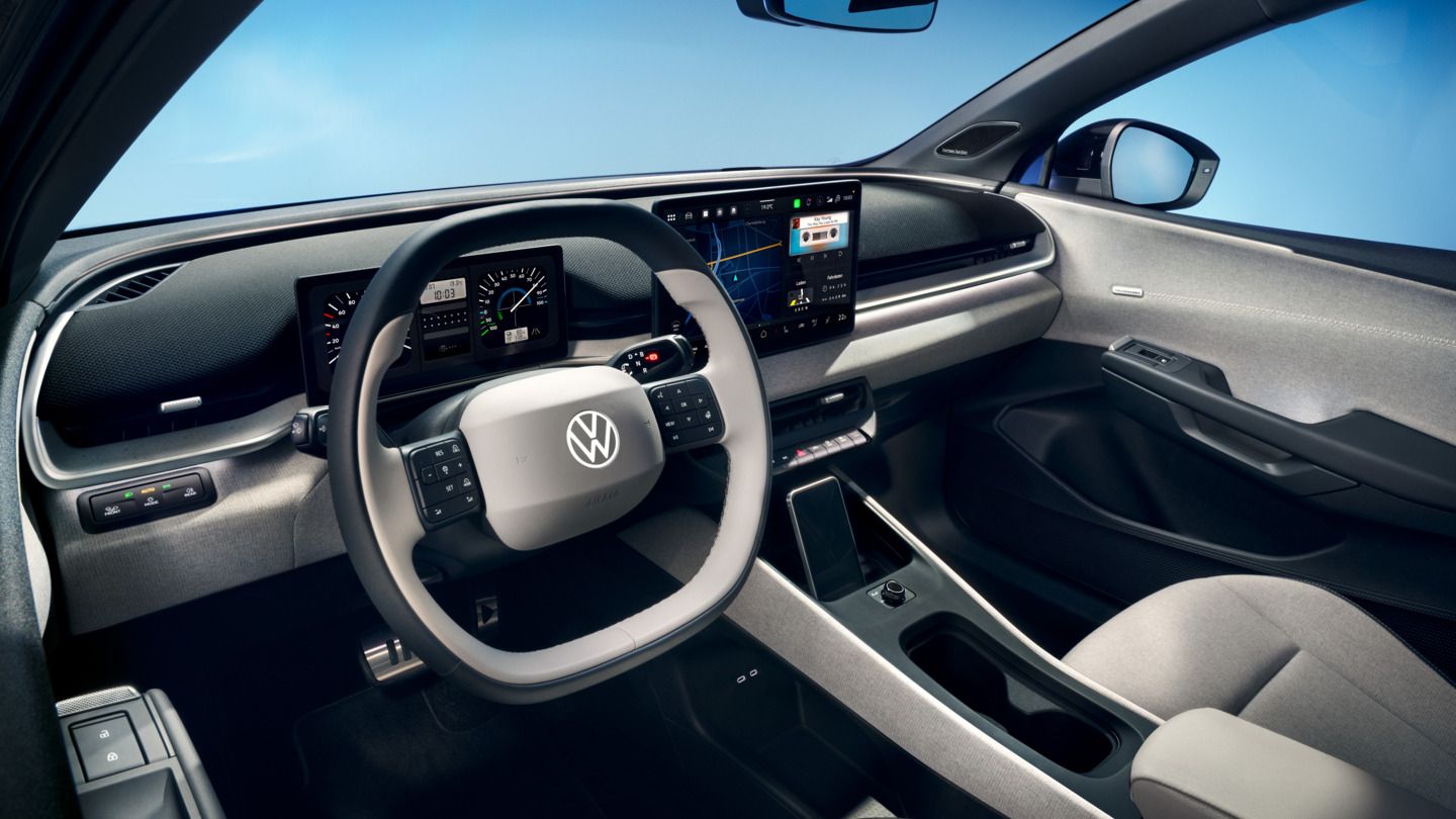 Pohľad na miesto vodiča cez otvorené dvere vodiča VW ID. Polo Style.