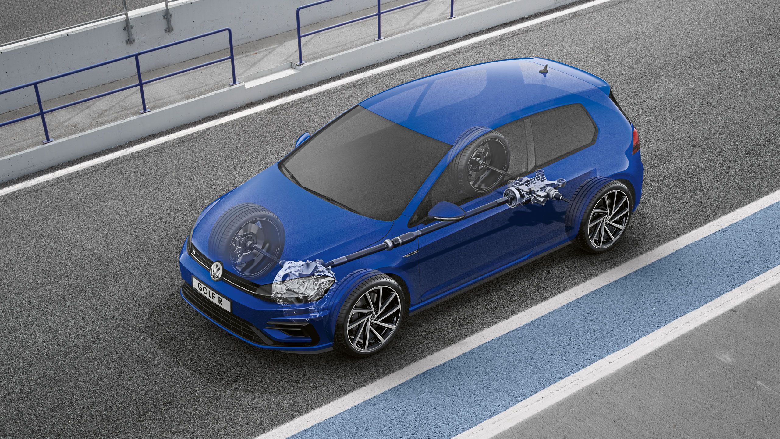 Modrý VW Golf zobrazený zhora na ceste. Oblasť kapoty a dverí je priehľadný a je tam viditeľný motor a technologické komponenty. Auto má športový, aerodynamický dizajn.