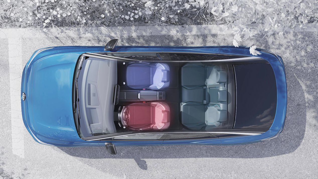 Pohľad z vtáčej perspektívy na päťmiestne auto. Dve osoby sedia vpredu, tri osoby vzadu. Auto je modré a stojí zaparkované vedľa obrubníka.