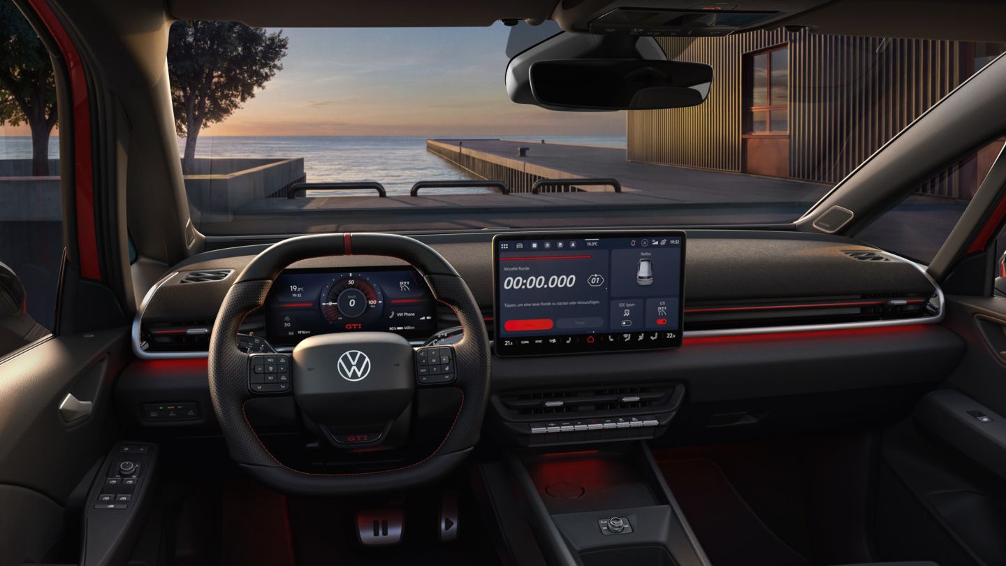 [AI-modified] – Pohľad na miesto vodiča vo VW ID.3 GTI krátko pred západom slnka.
