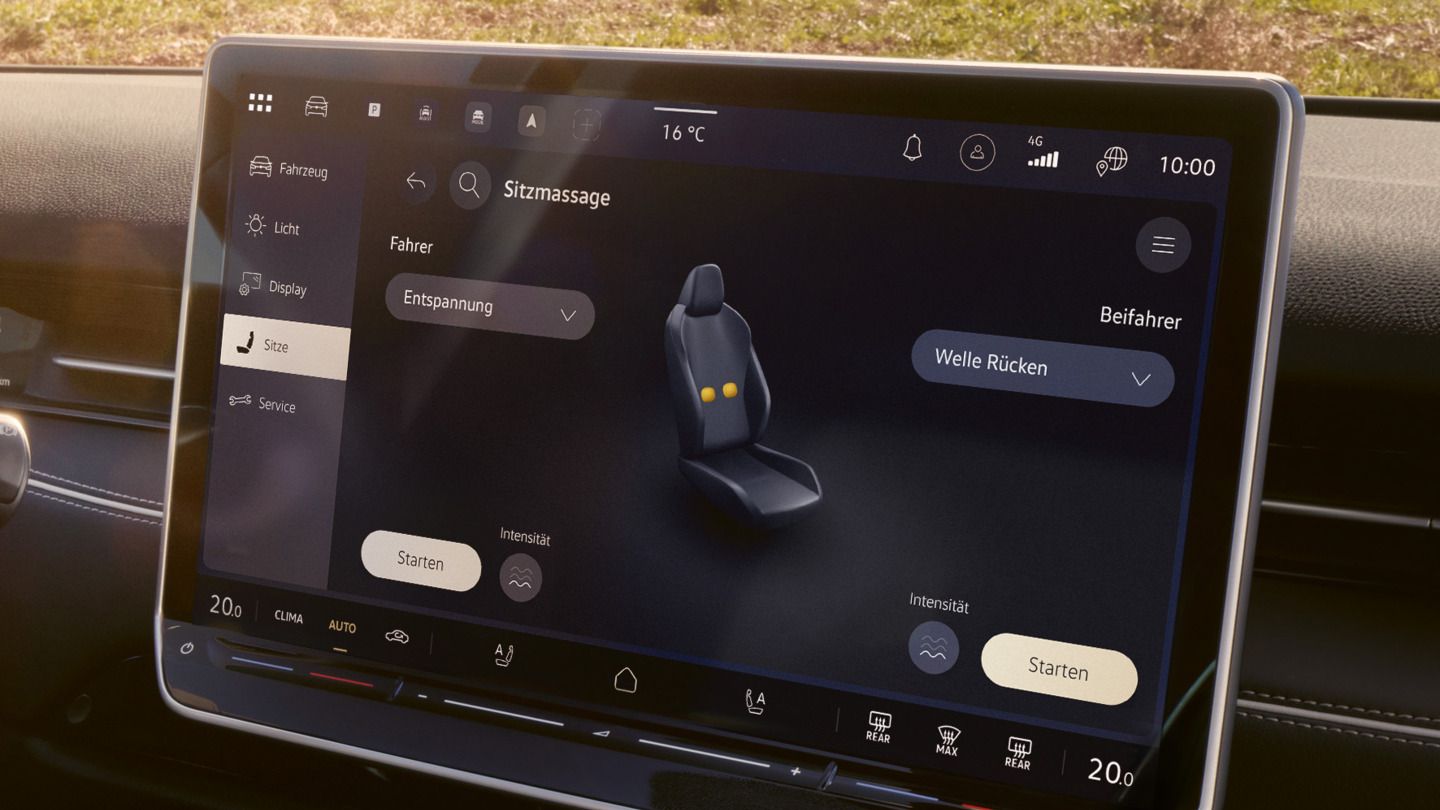 Na obrázku je zobrazený systém infotainment modelu ID. a režim „masáž sedadla“.