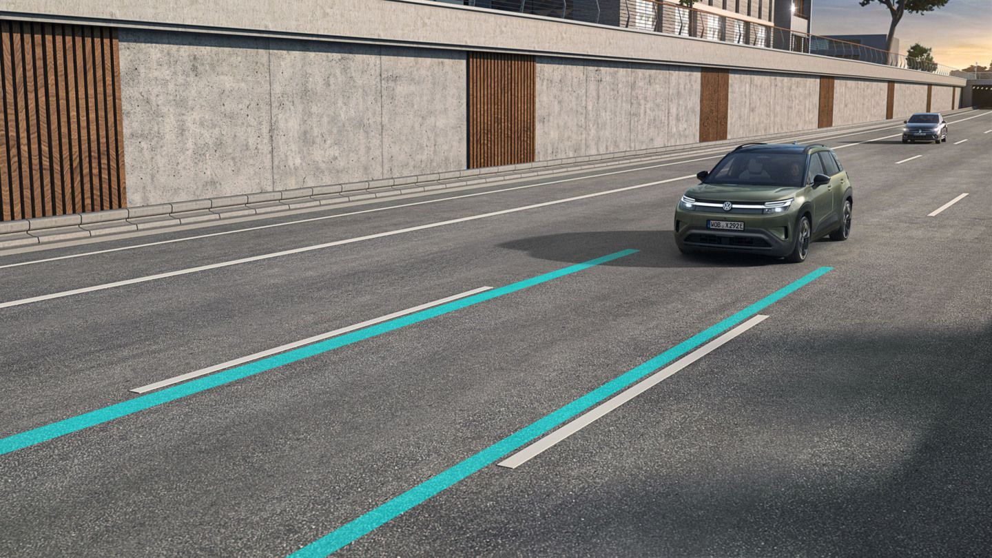Ilustrácia schematicky znázorňuje fungovanie systému Lane Assist na príklade zeleného modelu VW ID. Cross. 